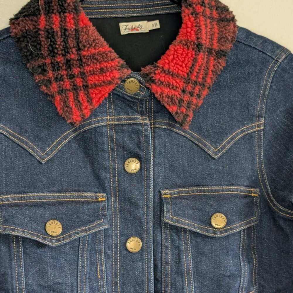 Faherty Andie Denim trucker jacket, sherpa collar